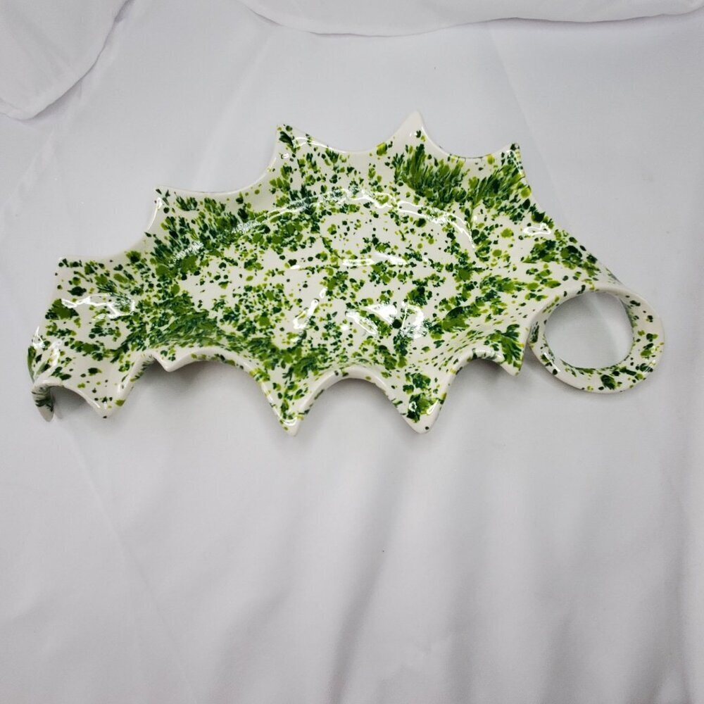 VTG Ceramic Holly Leaf-Shaped serving Tray Green White Splatter 1970's MCM